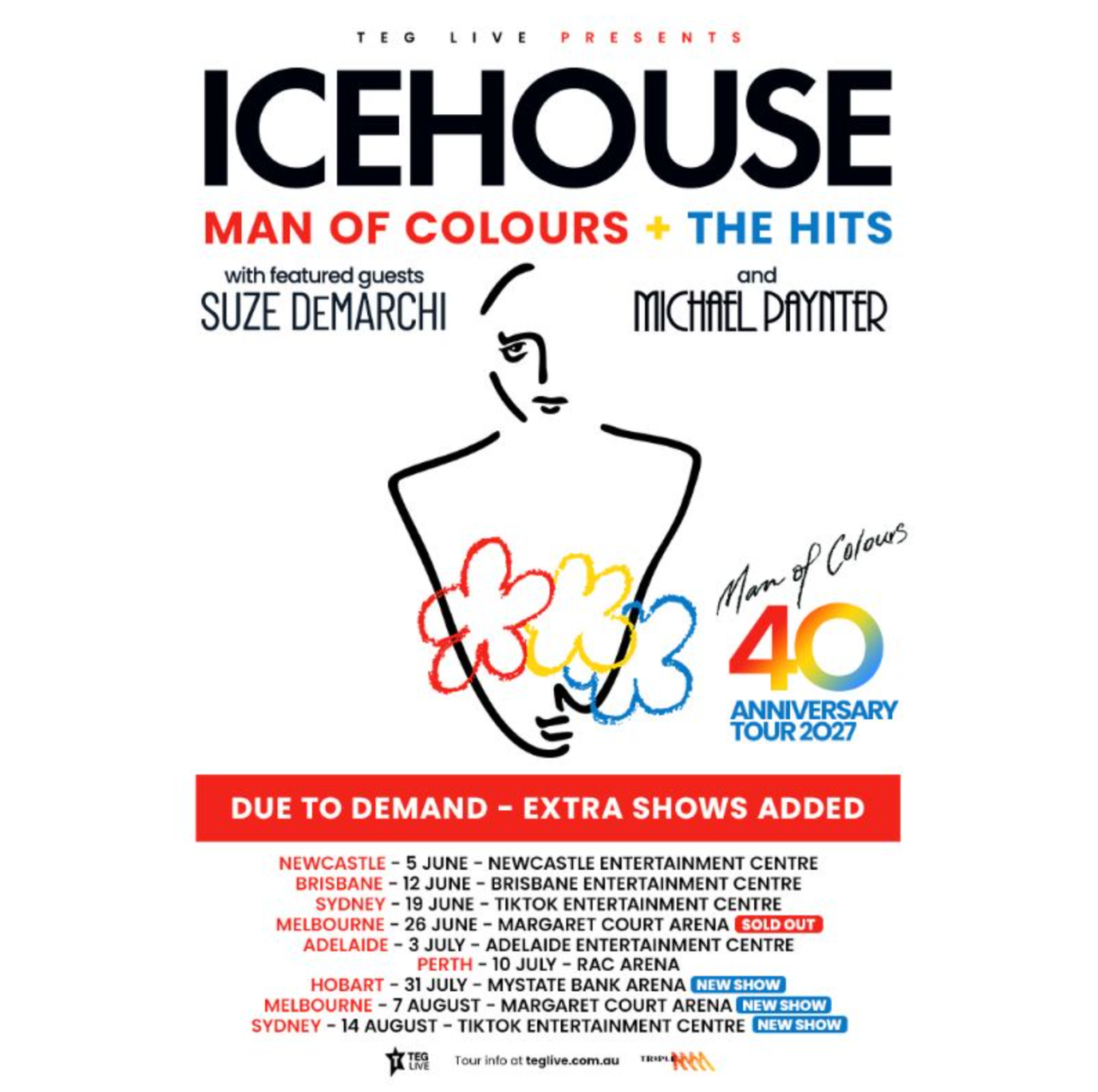 Icehouse tour poster for Man of Colours 40th Anniversary Tour 2027 featuring special guests Suze DeMarchi and Michael Paynter with tour dates.